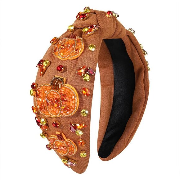 Thanksgiving Headband Beaded Pumpkin Knotted Wide Fall Hair Accessory main image 4